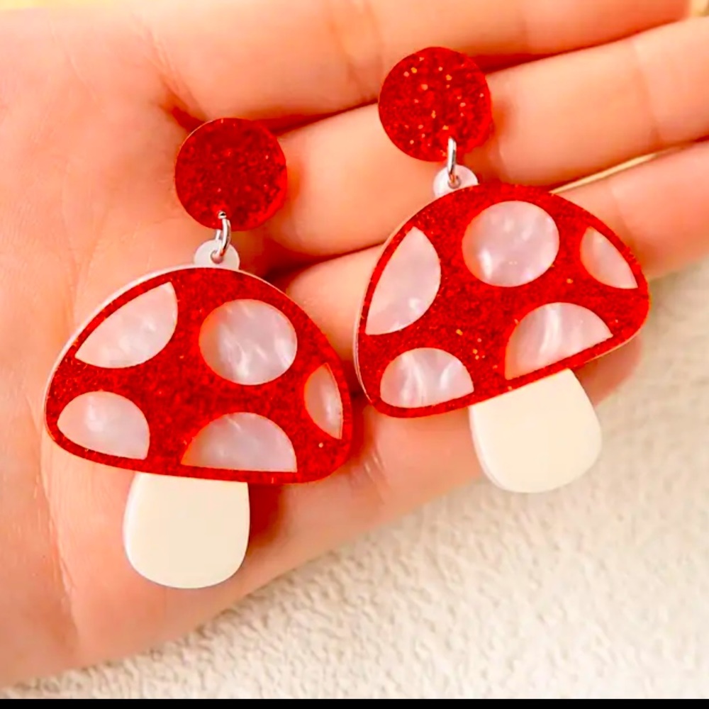 Red & White Acrylic Mushroom Earrings Polka Dots Glitter Marbled